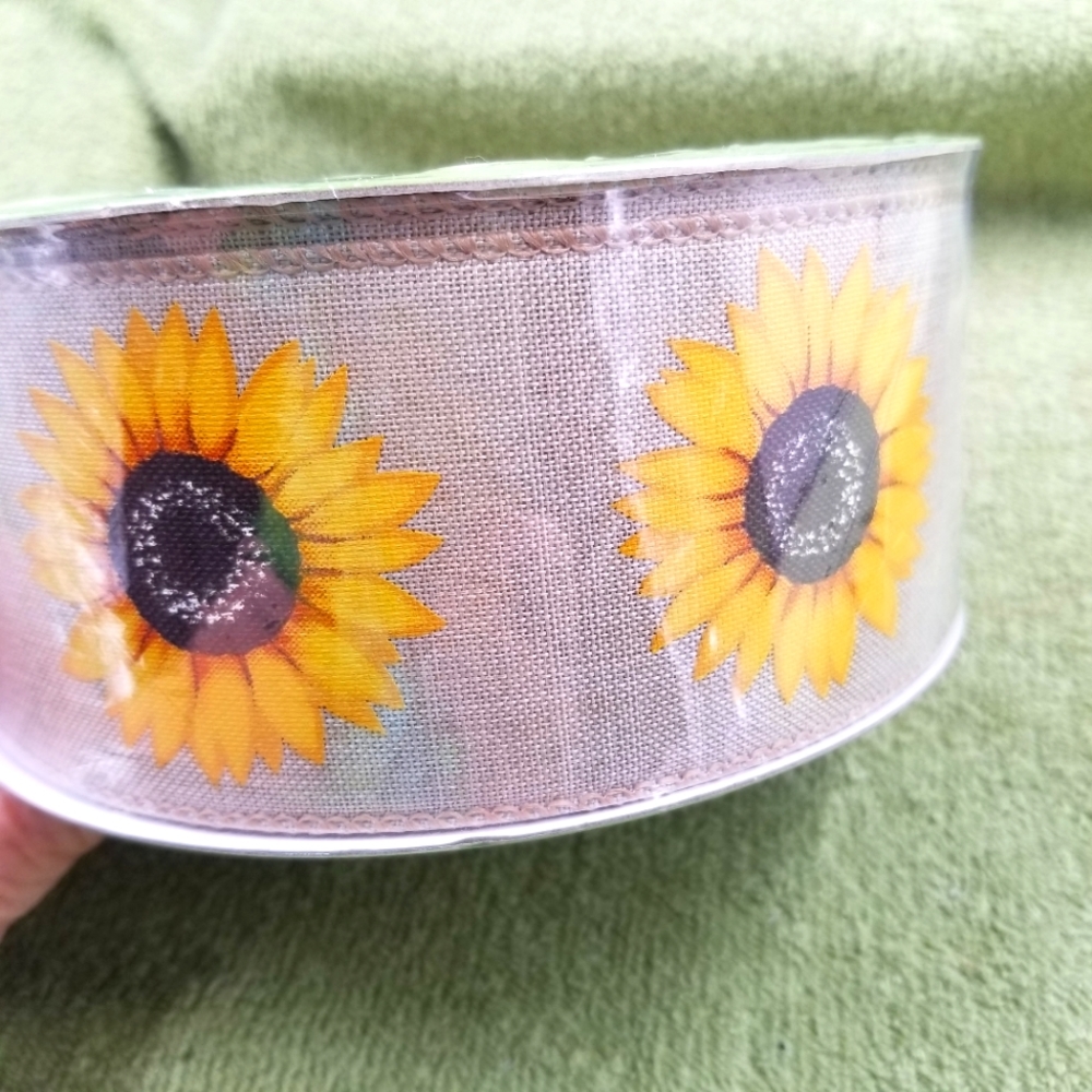 Premium Wired Edge Ribbon Beige with Yellow Sunflowers 2.5" wide x 50 yards New